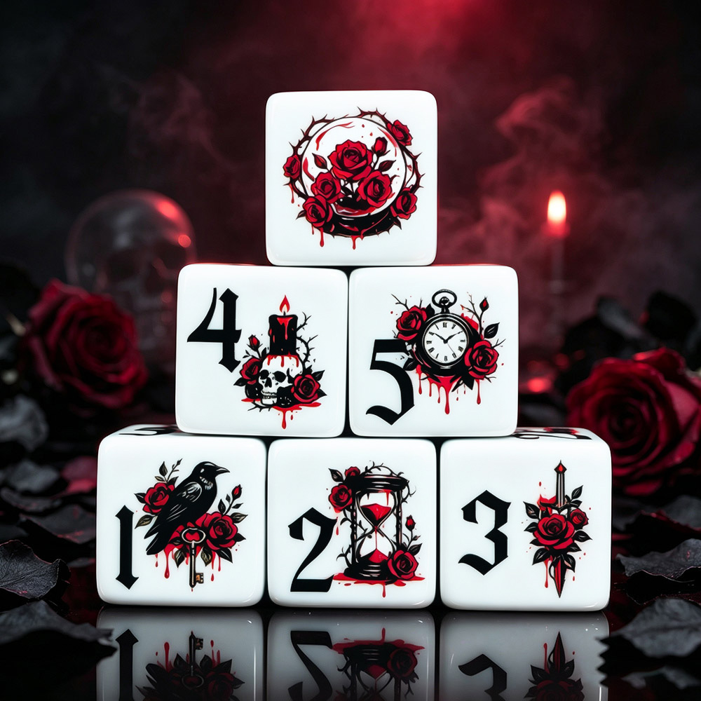 Board Game Print - ลูกเต๋าอะคริลิกพิมพ์ลายกุหลาบกอธิค 16 มม. จำนวน 12 ชิ้น,