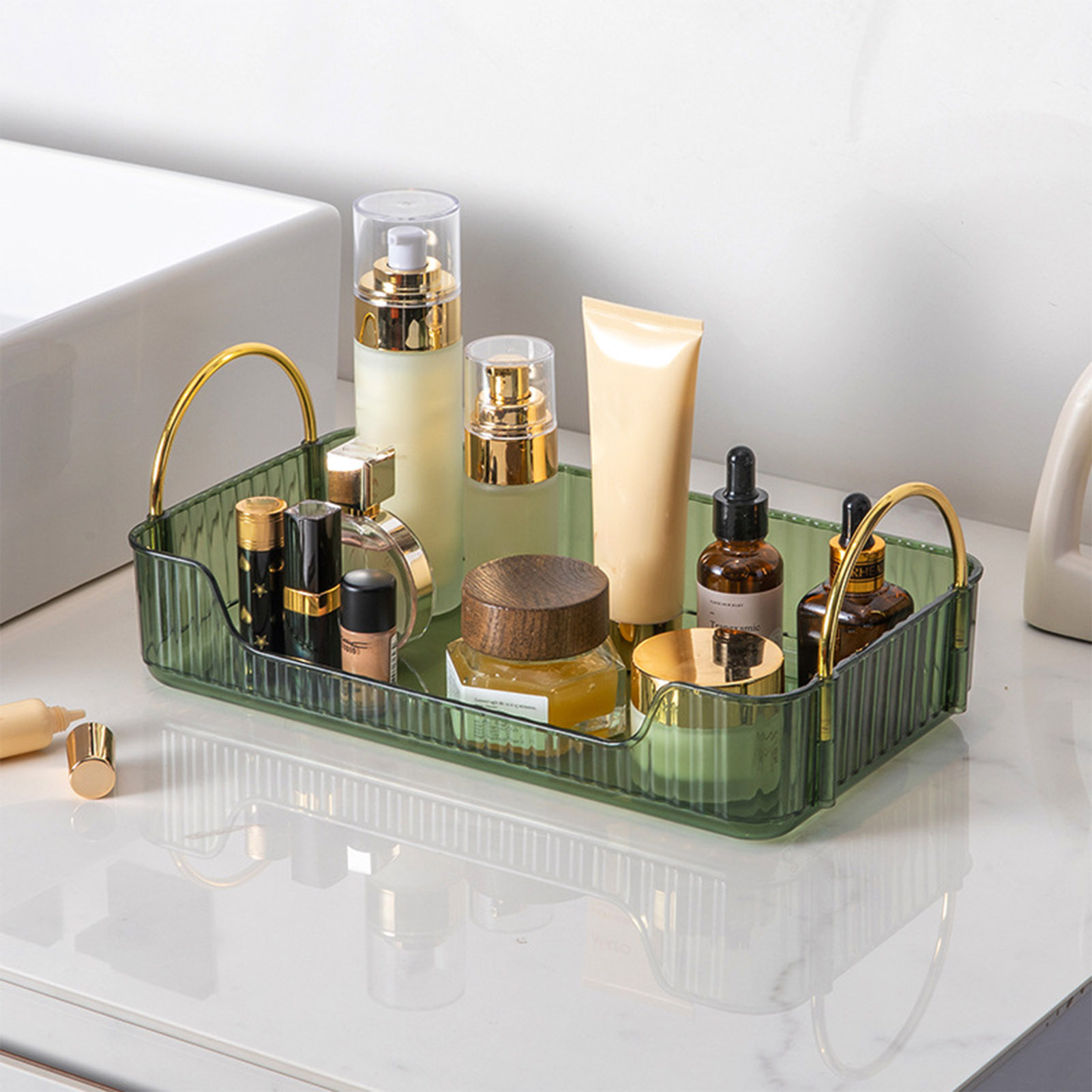 Token Tray Organizer - ชั้นวางของในห้องน้ำ อะคริลิคหรูหรา สำหรับเก็บเครื่องประดับ เครื่องสำอาง ผลิตภัณฑ์ดูแลผิว อุปกรณ์จัดแต่งทรงผม