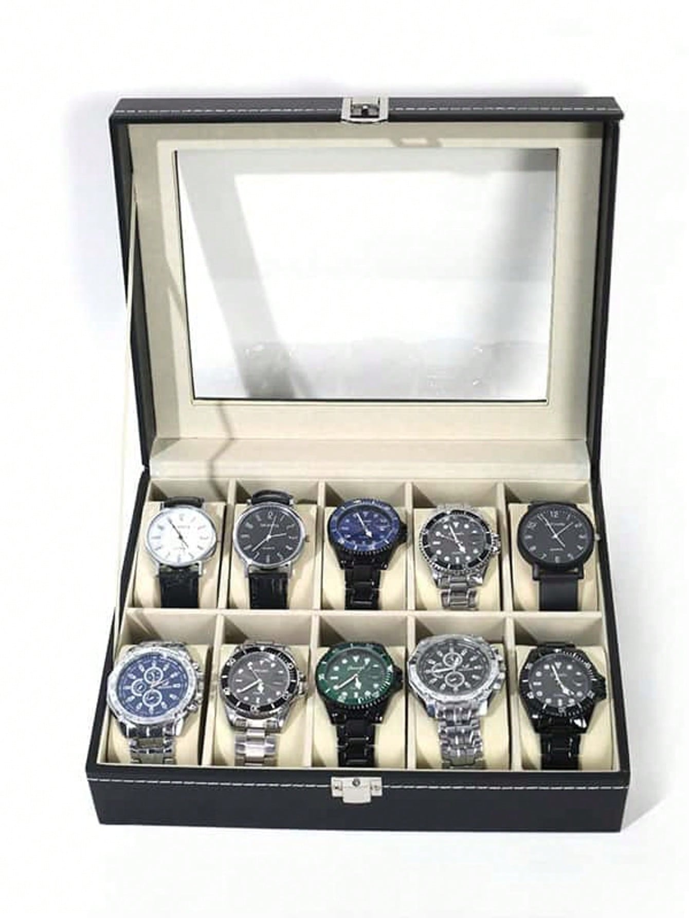 Token Tray Organizer - กล่องใส่นาฬิกาหนังพร้อมกุญแจล็อค, กล่องโชว์นาฬิกาความจุขนาดใหญ่, กล่องเก็บเครื่องประดับระดับไฮเอนด์สำหรับผู้ชายและผู้หญิง, สำหรับโต๊ะเครื่องแป้งในบ้าน