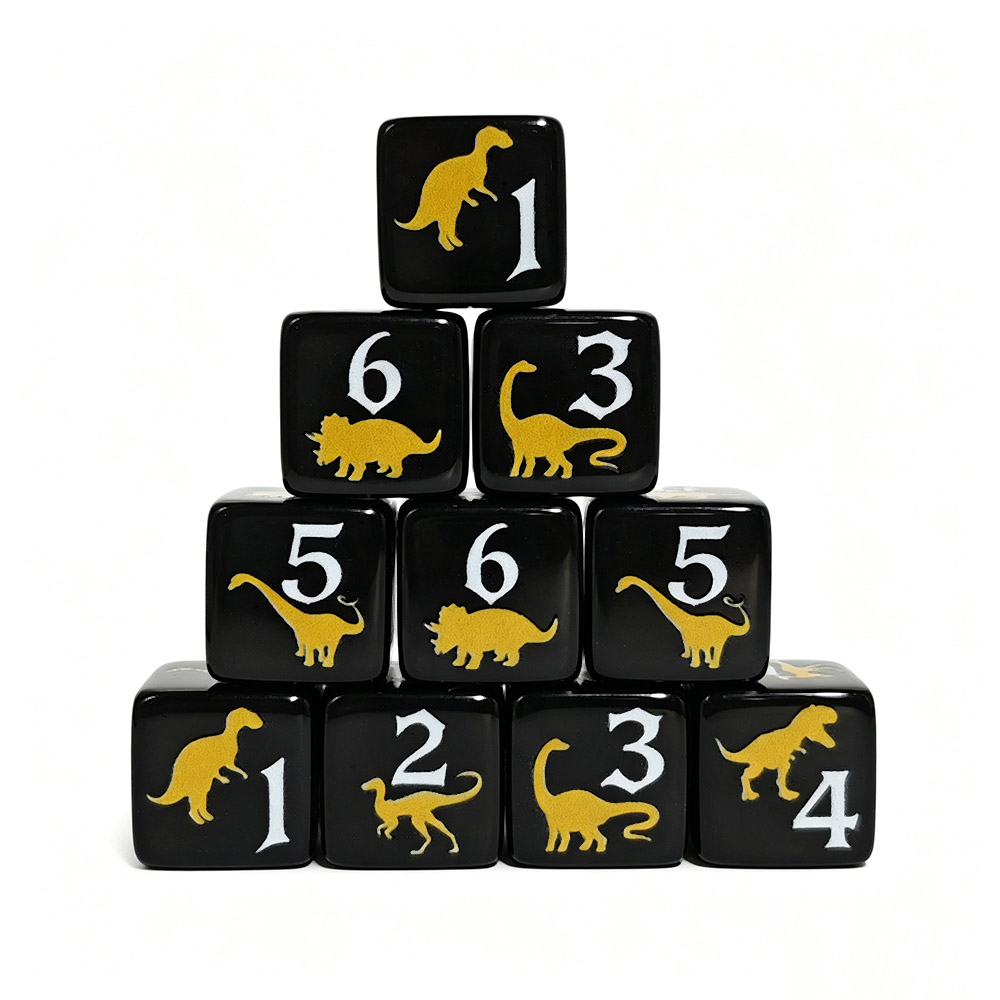 Board Game Print - 12 ชิ้น ลูกเต๋าอะคริลิคไดโนเสาร์สีดำและสีเหลือง, ลูกเต๋าตัวเลขสีขาวขนาด 16 มม.,