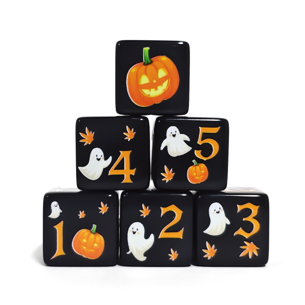 Board Game Print - ลูกเต๋าอะคริลิคสีดำขนาด 16 มม. 12 ชิ้น, ลูกเต๋าหกด้านพิมพ์ลายฟักทองฮาโลวีน