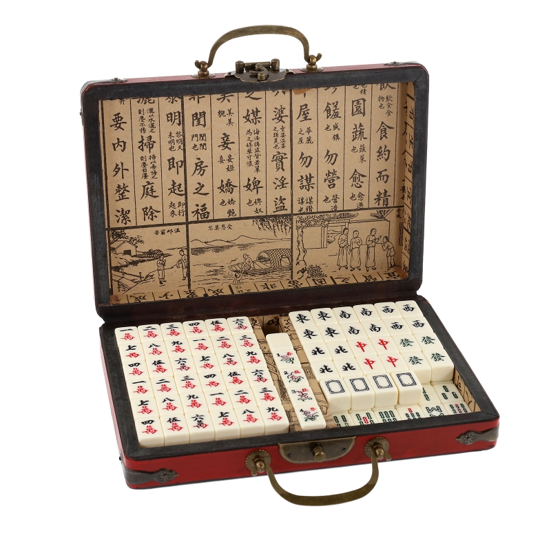 Board Game Vantage - ชุดไพ่นกกระจอก 144 แผ่น พร้อมกล่องเก็บแบบวินเทจ พกพาสะดวก เกมไพ่นกกระจอกแบบดั้งเดิมสำหรับงานปาร์ตี้ในครอบครัว